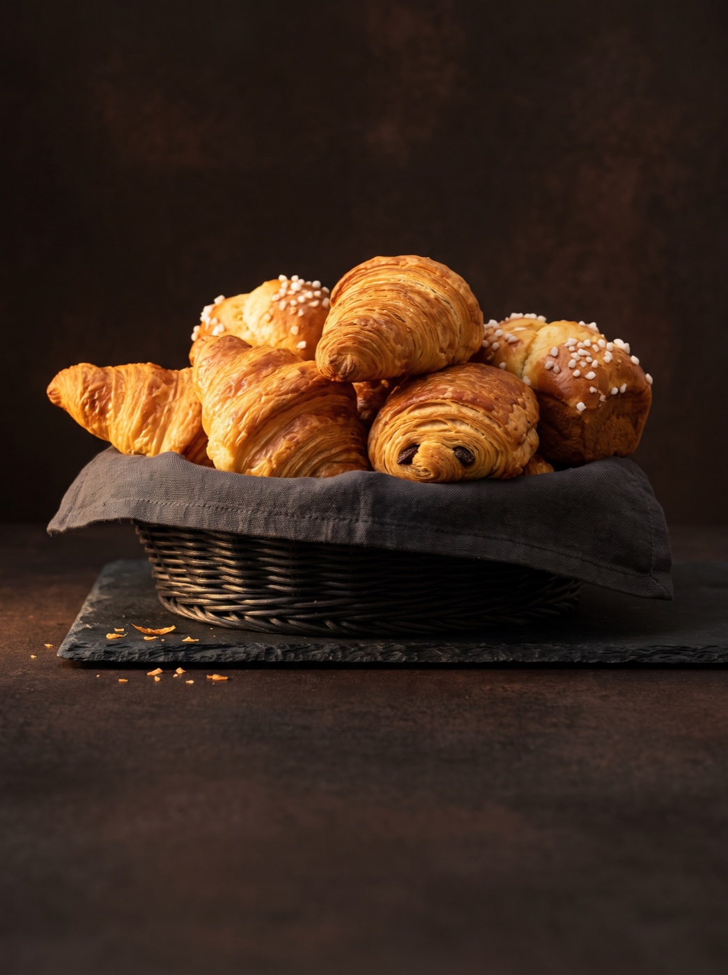La vitrine remplie de viennoiseries et de pâtisseries à l&rsquo;ouverture